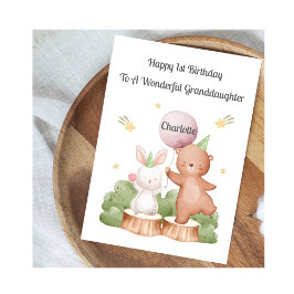 Cartão Girl First Birthday Woodland Rabbit Bear Card