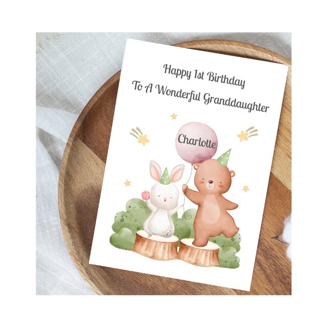 Cartão Girl First Birthday Woodland Rabbit Bear Card (Criador carregado)