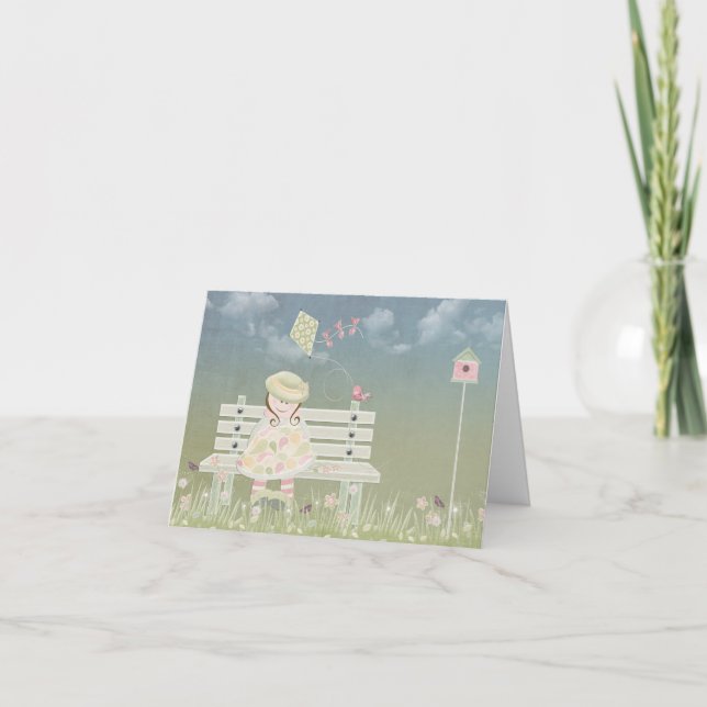 Cartão Girl on Bench Bird and Kite (Frente)