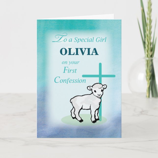 Cartão Girl Personalize Name First Confession Lamb Cross (Frente)