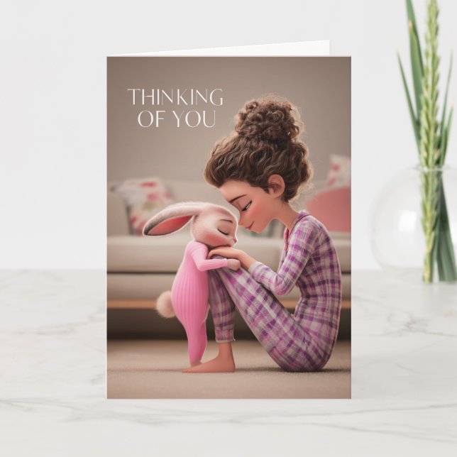 Cartão Girl Sitting with Bunny in Pajamas Thinking of You (Frente)