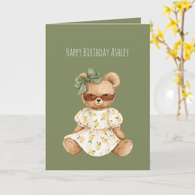 Cartão Girl Teddy Bear Green Bow Birthday (Flor Amarela)