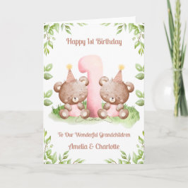 Cartão Girl Twins 1st Birthday Teddy Bears Card