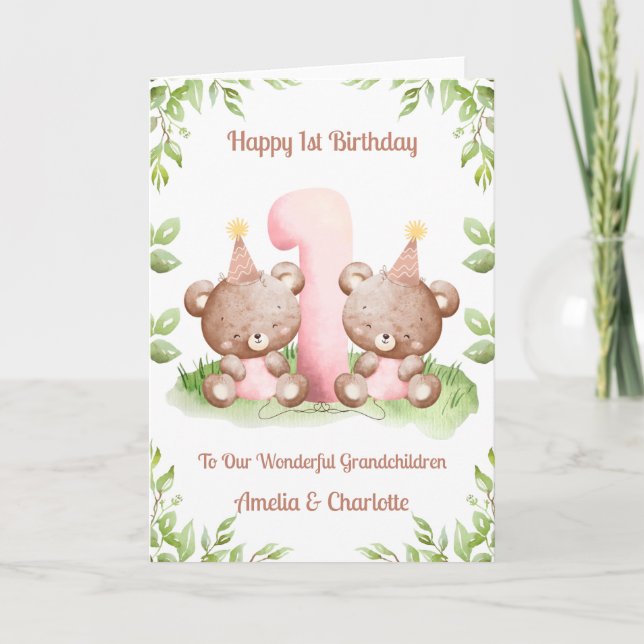 Cartão Girl Twins 1st Birthday Teddy Bears Card (Frente)