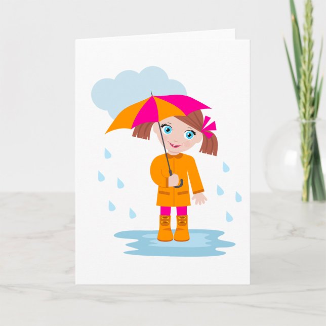 Cartão Girl with Umbrella in Rain Kids Rainy Day (Criador carregado)