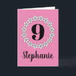Cartão Girl's 9th Birthday floral greeting card for kids<br><div class="desc">Girl's 9th Birthday floral greeting card for kids. Cute Birthday card idea for little girls. Flower design with customizable pink background. Personalized for children. Fun for kindergarten, grammar school, elementary school kids. Add your own name. Also available as big extra large oversized card. Fun for 1st 2nd 3rd 4th 5th...</div>