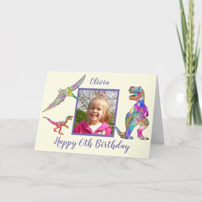 Cartão Girls Dinosaur 6 Birthday Adicionar Nome e Foto (Frente)