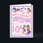 Cartão Girls Superhero Personalised Birthday Card<br><div class="desc">Personalise this card with your own message,  along with the recipients name & age using the easy template. 
As you choose the text then this greetings card can be customized for any occasion!
Please check my shop for matching Thank you cards,  envelopes,  invitations & coordinating party supplies!</div>