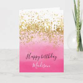 Cartão Girly Pink Watercolor Ombre Dourado Confetti