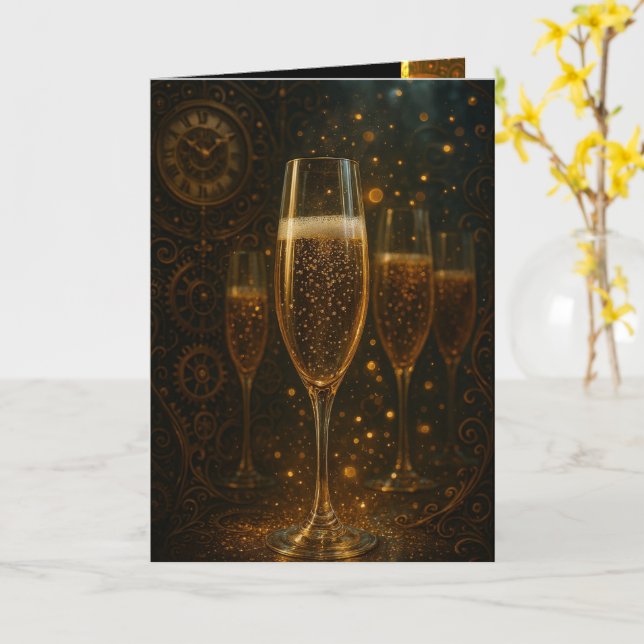 Cartão Glam Happy New Year Steampunk Champagne  (Flor Amarela)