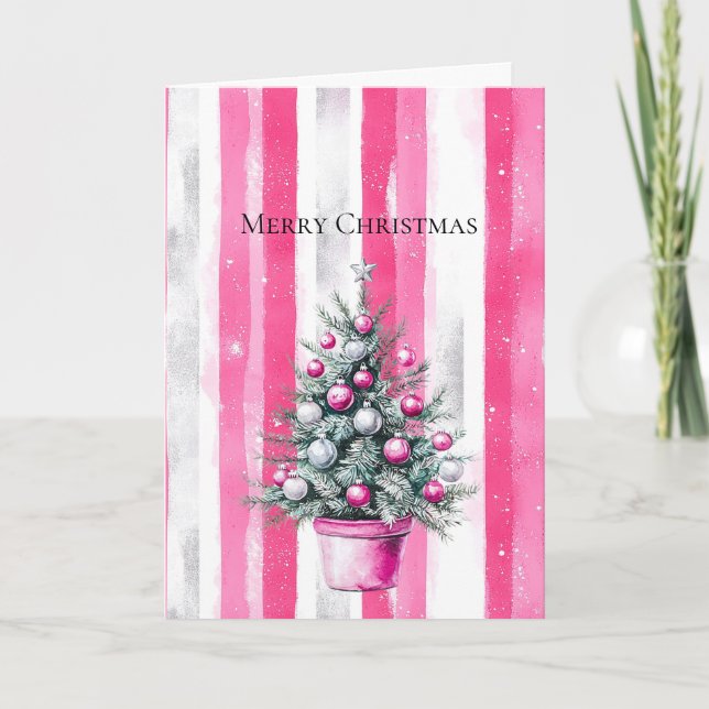 Cartão Glam Pink White Christmas Tree Stripes (Frente)