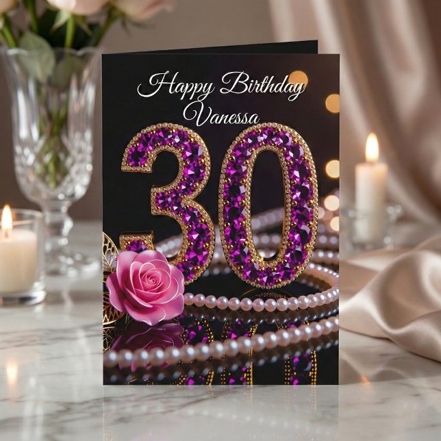 Cartão Glam Purple Amethyst Gems and Pearls 30th Birthday (Criador carregado)
