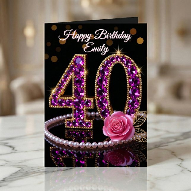 Cartão Glam Purple Diamonds Pearls Rose 40th Birthday (Criador carregado)