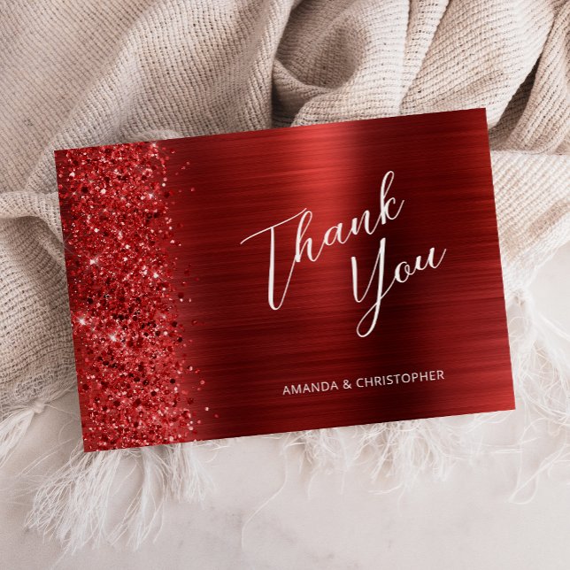 Cartão Glam Red Brushed Metal Wedding Flat Thank You (Criador carregado)