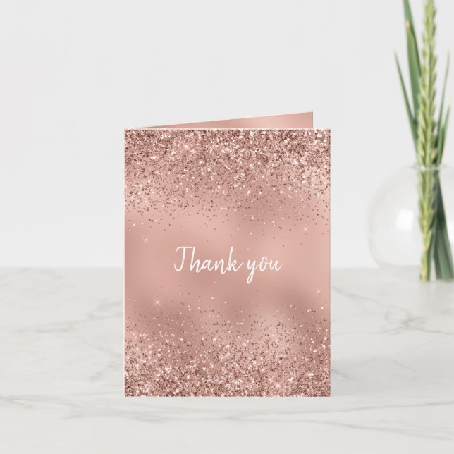 Cartão Glam Rosa Dourado Glitter Obrigado (Frente)