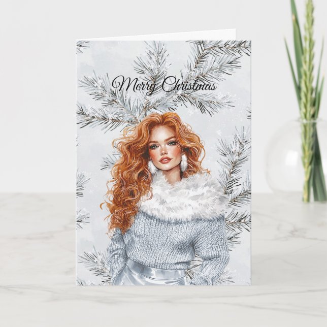 Cartão Glam Woman Red Hair Silver Christmas Tree Branches (Frente)