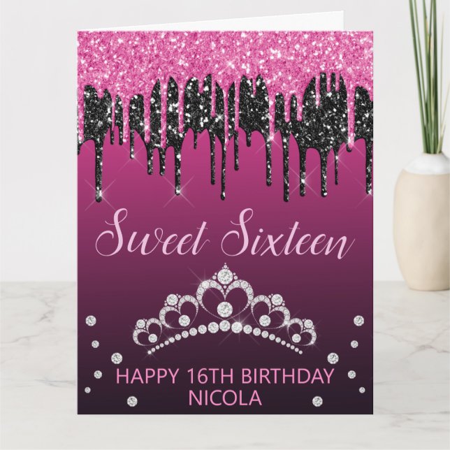 Cartão Glamorous Black & Pink Driping Glitter Sweet 16 (Frente)