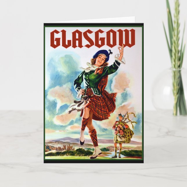Cartão Glasgow Scottisn Girl Dancing with Bagpiper (Frente)