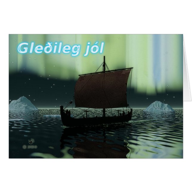 Cartão Gleðileg Jól - Luzes De Viking E De Norte (Frente Horizontal)