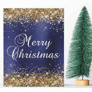 Cartão Glitter Dourado Azul Marinho Foil Grande Feliz Nat