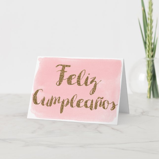 Cartão Glitter Dourado de Aquarela Rosa Feliz Cumpleanos (Frente)