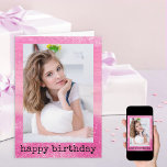 Cartão Glitter Dust Ombre Sparkle Pink Photo Birthday<br><div class="desc">Girly birthday photo card for your daughter, female relative or friend. The photo template is set up for you to add one of your favorite photos and you can also edit the poem inside. The design has a pretty pink ombre wood and glitter dust sparkle effect and trendy typewriter font...</div>