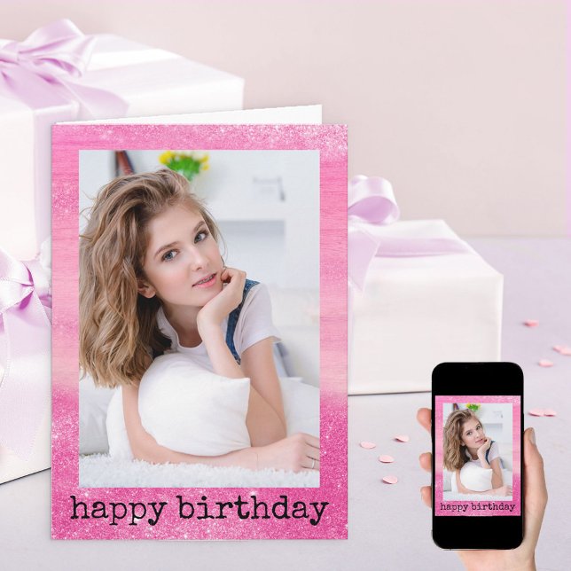 Cartão Glitter Dust Ombre Sparkle Pink Photo Birthday (Criador carregado)