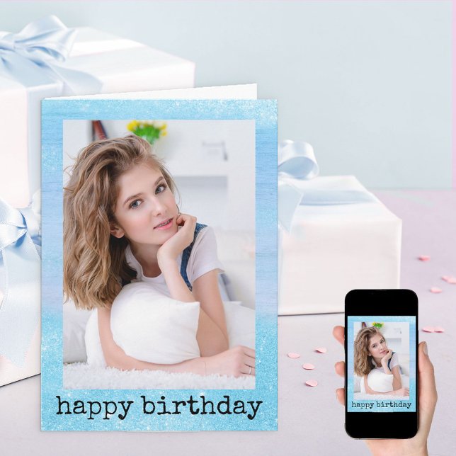 Cartão Glitter Dust Sparkle Blue Photo Birthday (Criador carregado)