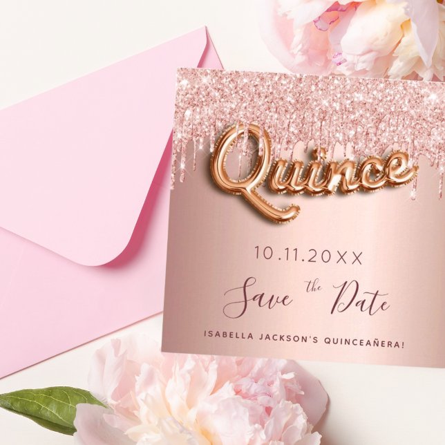 Cartão Glitter ouro de rosa de Quinceanera guarde a data (Criador carregado)
