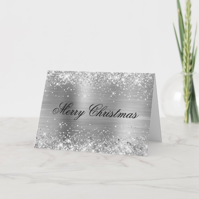 Cartão Glittery Metallic Silver Family Photo (Frente)