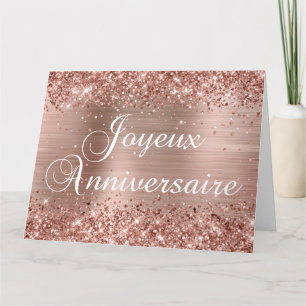 Cartão Glittery Rose Gold Folha Joyeux Anniversaire