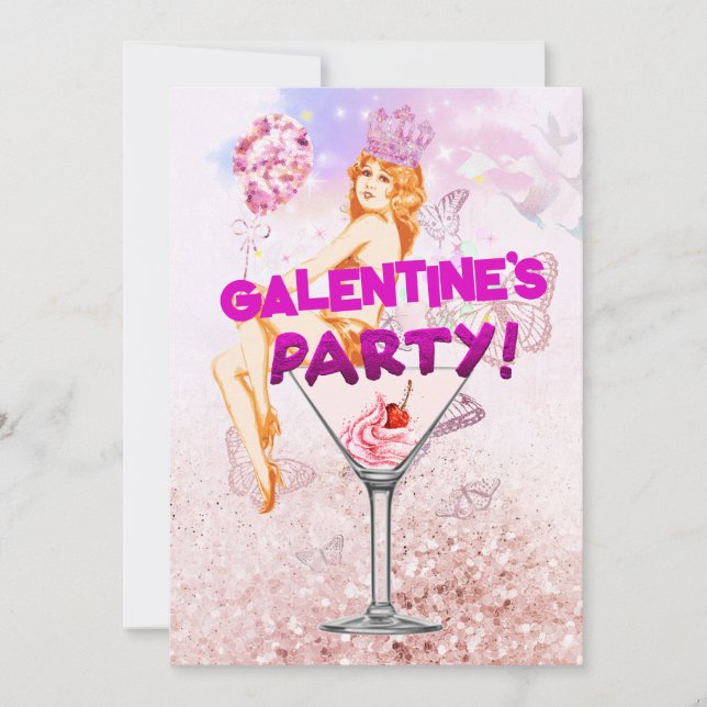 Cartão Glitzy Rosa Glamorous Galentine's Day Party (Frente)