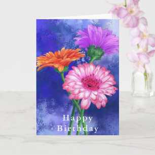 Cartão Glorioso Gerberas de Três Cores - Feliz Aniversá