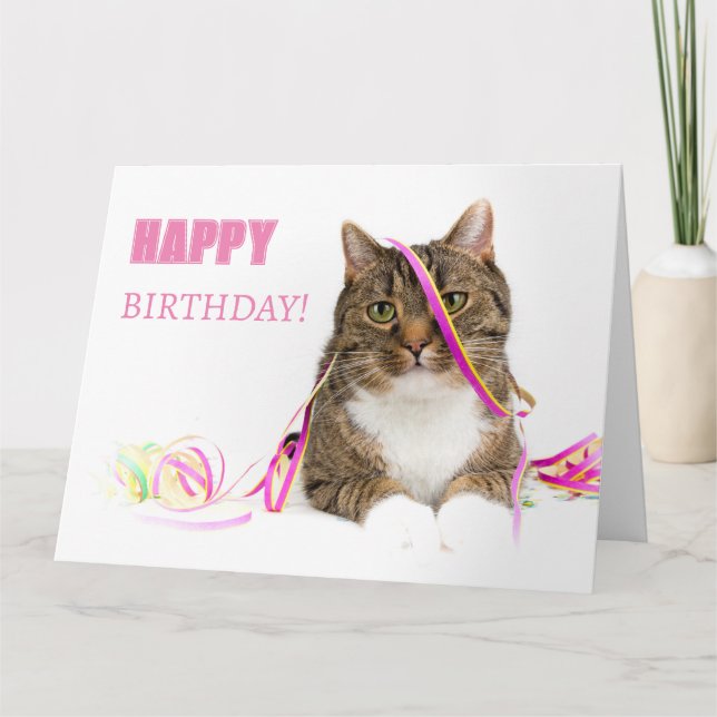 Cartão Glückwunschkarte Katze mit Luftschlangen (Frente)