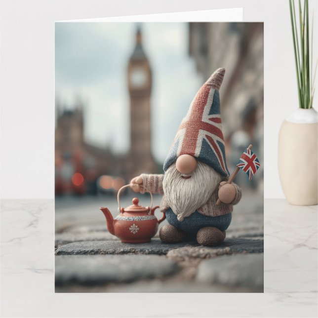 Cartão Gnome britânico com Union Jack Hat e Teapot (Frente)