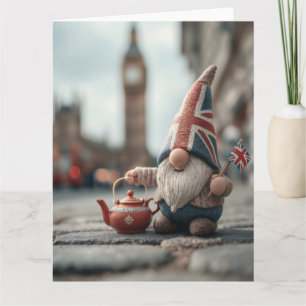 Cartão Gnome britânico com Union Jack Hat e Teapot
