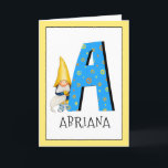 Cartão Gnome Kids Letter A Name and Age Birthday Greeting<br><div class="desc">To change the border color, click on "customize". When you add the name and age of a birthday girl or boy to our gnome monogram card, you're creating a one-of-a-kind, specially made child's birthday greeting. Posing beside the big blue letter with yellow and orange stars and spirals is one of...</div>
