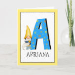 Cartão Gnome Kids Letter A Name and Age Birthday Greeting<br><div class="desc">To change the border color, click on "customize". When you add the name and age of a birthday girl or boy to our gnome monogram card, you're creating a one-of-a-kind, specially made child's birthday greeting. Posing beside the big blue letter with yellow and orange stars and spirals is one of...</div>