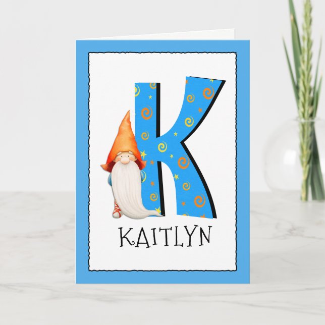 Cartão Gnome Kids Letter K Name and Age Birthday Greeting (Frente)