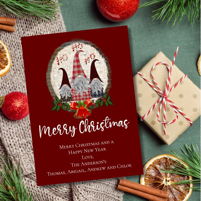 Cartão Gnômes de Natal Alegres Vermelhos, Rústicos, Xadre (Gnomes Merry Christmas Card Personalized. Printed or Digital Instant download)