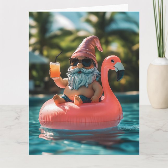 Cartão Gnomo de Verão em óculos de sol no Flamingo Float (Frente)