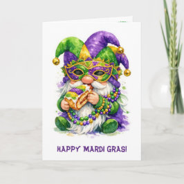 Cartão Gnomo do Mardi Gras Comendo Bolo do Rei
