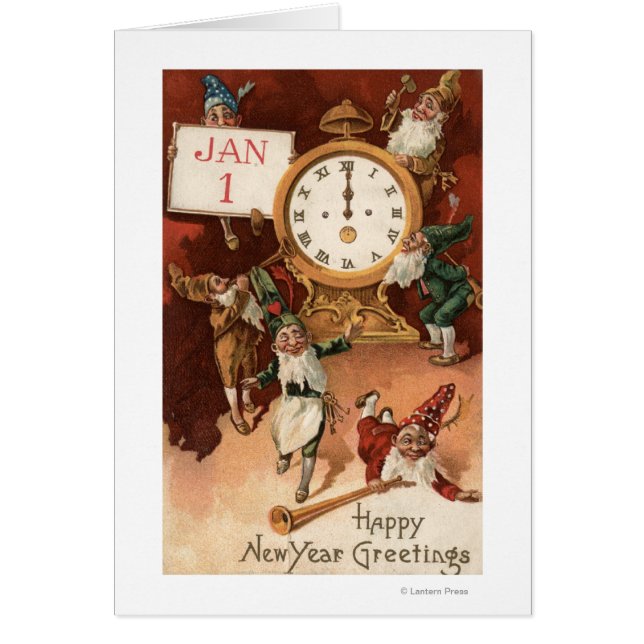 Cartão Gnomos a pedalar um relógio (Frente)