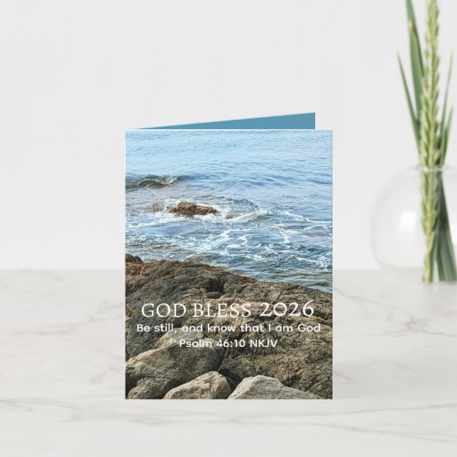 Cartão God Bless New Year 2026 Peaceful Blue Sea Photo (Frente)