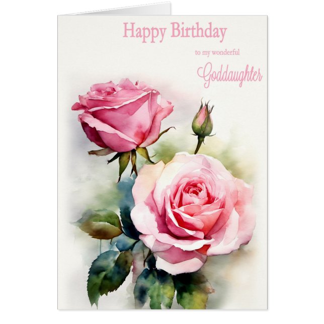 Cartão Godchild Birthday Rosas Pintados Aquarela (Frente)