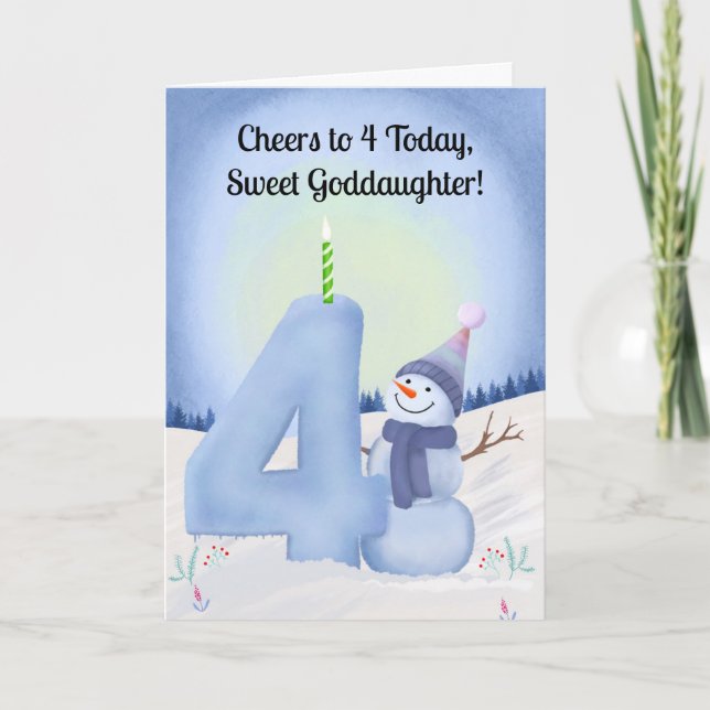 Cartão Goddaughter 4th Birthday Snowman with Snowy Four (Frente)