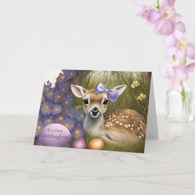 Cartão Goddaughter Happy Easter Cute Fawn with Eggs  (Orquídea)