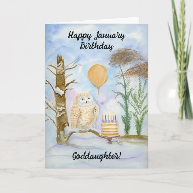 Cartão Goddaughter Happy January Birthday Owl Cake (Frente)