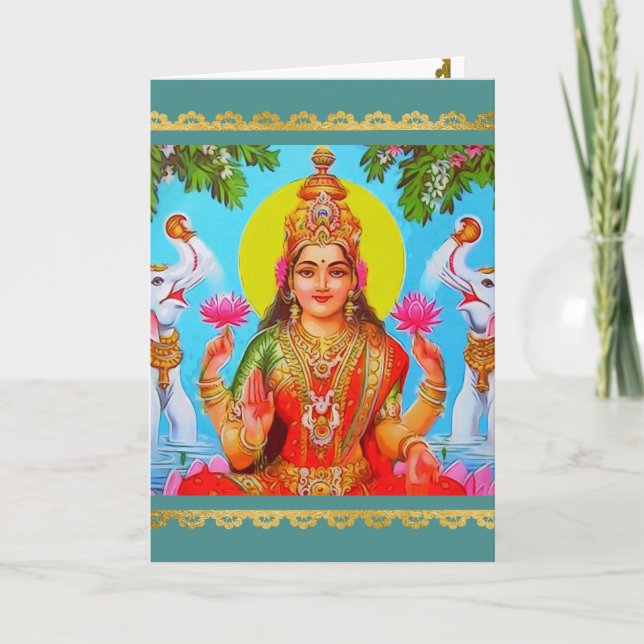 Cartão Goddess Lakshmi White Elephants Diwali Painting (Frente)