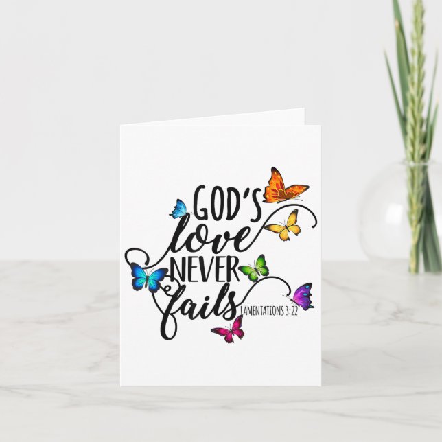 Cartão God's Love Never Fails - Butterfly Art - Religious (Frente)